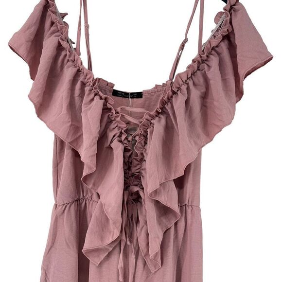 Pink Jumpsuit Off The Shoulder Ruffle Size M Lace Up V Neck Wide Leg Slit Boho - Picture 2 of 12